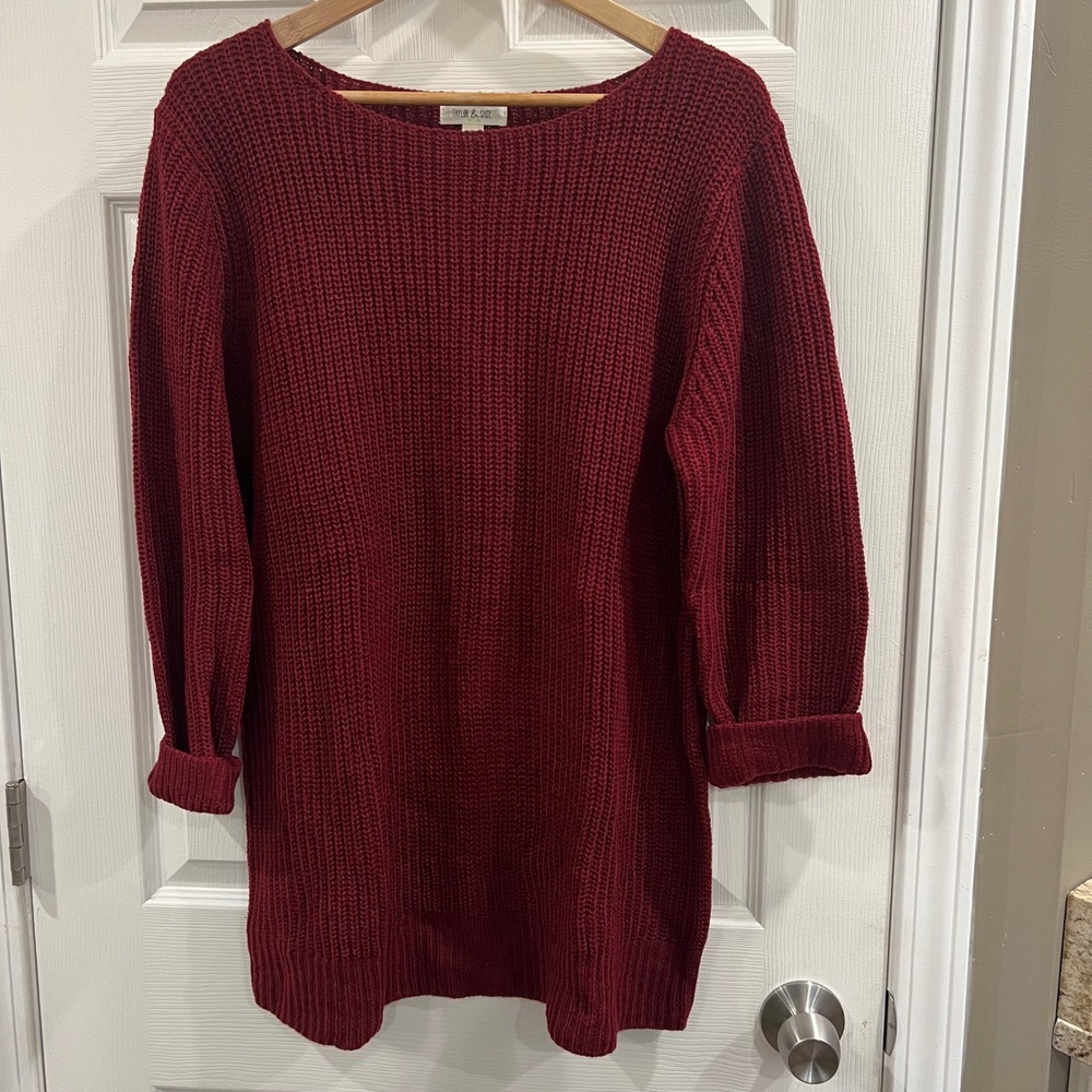 Taylor & Sage Burgundy Shaker Knit Tunic Sweater XL Boat Neck Rolled Cuff Wine